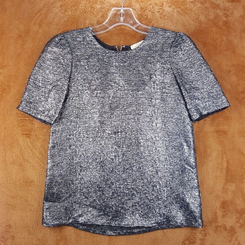 KATE SPADE Womens Top Size 00 Silver Metallic Short Sleeve Zip Back Blouse